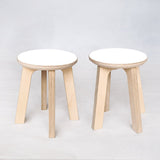 Set of Two Stools, White and Natural Wooden