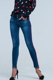 Skinny Mid Rise Jeans in Dark Wash Blue With Side Stripe