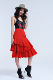 Red Midi Skirt With Ruffle Detail