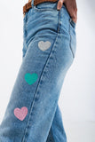 High Waisted Straight Leg Jean With Heart Print in Mid Wash