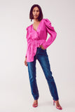 Asymmetric Puff Sleeve Blouse in Fuchsia