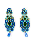 Long Drop Earrings With Swarovski Stones in Blue Green Color