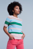 Blue Striped Open Knit Sweater Short Sleeves