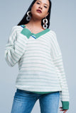 Green Striped Sweater With V-Neck