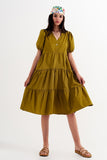 Casual Cotton Poplin Wrap Front Smock Dress in Green