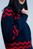 Navy Turtleneck Sweater in Zigzag Print