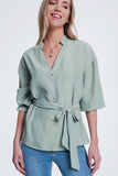 Khaki Button Front Tea Blouse With Puff Sleeve