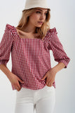 Check Square Neck Top in Red